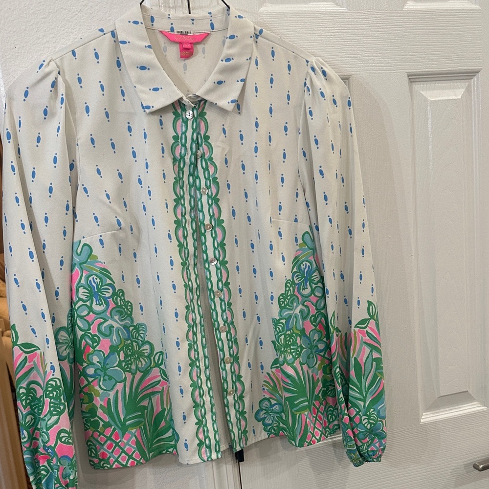 Lilly Pulitzer White Blouse with Blue and Green Accents
